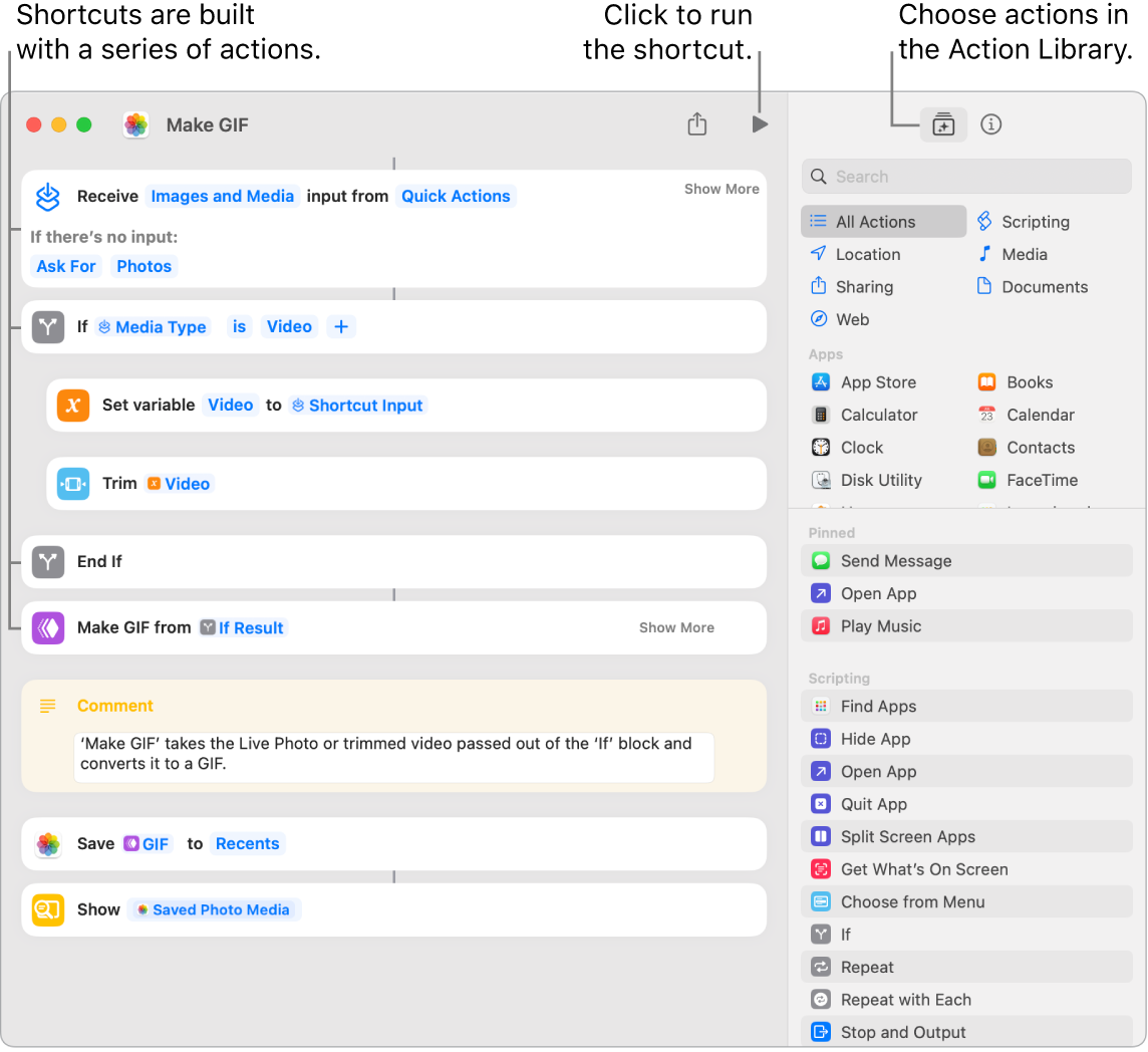 The Make GIF shortcut editor on the left and the Action Library on the right.