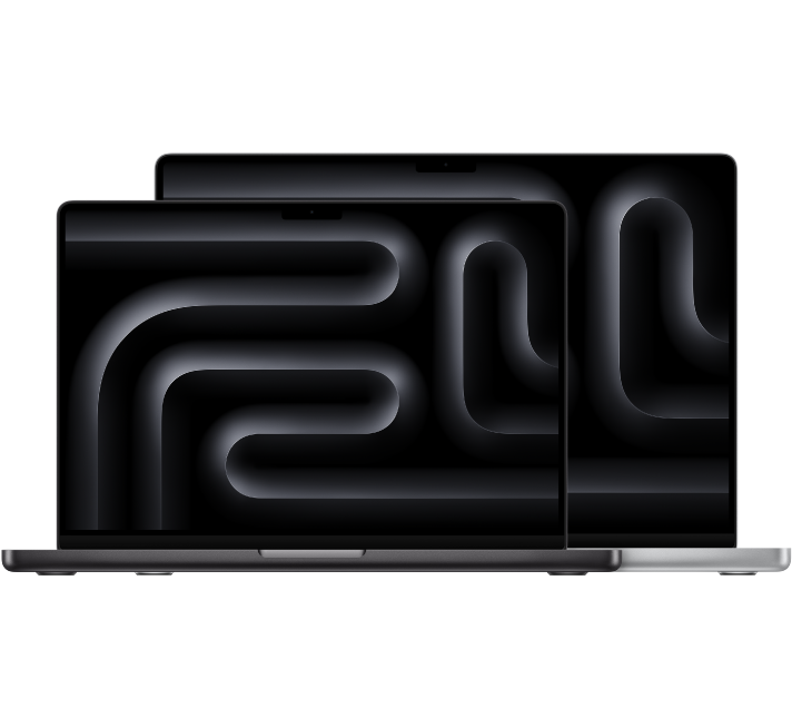 كمبيوتر MacBook Pro مقاس 14 بوصة أمام كمبيوتر MacBook Pro مقاس 16 بوصة.