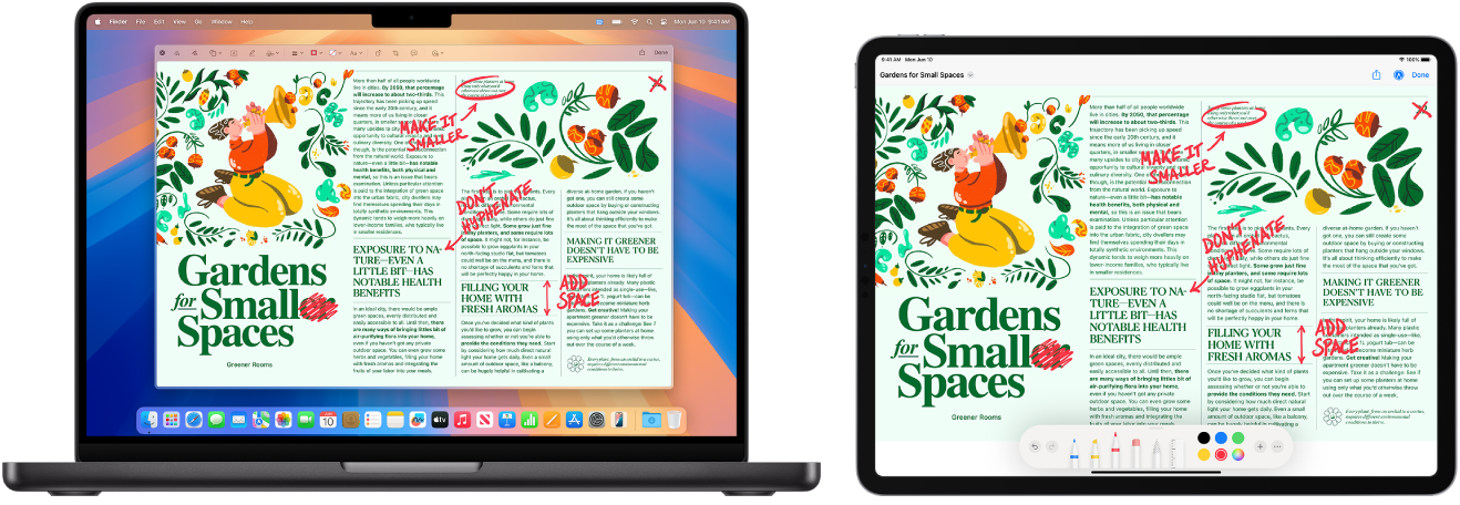 جهاز MacBook Pro و iPad جنبًا إلى جنب. يعرض الـ MacBook Pro عملاً فنيًا داخل نافذة المستكشف في Illustrator. يعرض iPad نفس العمل الفني في نافذة مستند في Illustrator، محاطًا بأشرطة أدوات.