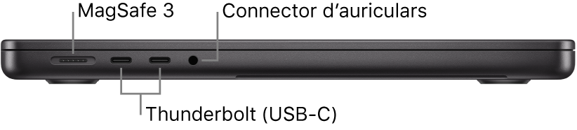 Vista lateral esquerra d’un MacBook Pro de 14 polzades amb llegendes del port MagSafe 3, dos ports Thunderbolt 4 (USB-C) i el connector dels auriculars.