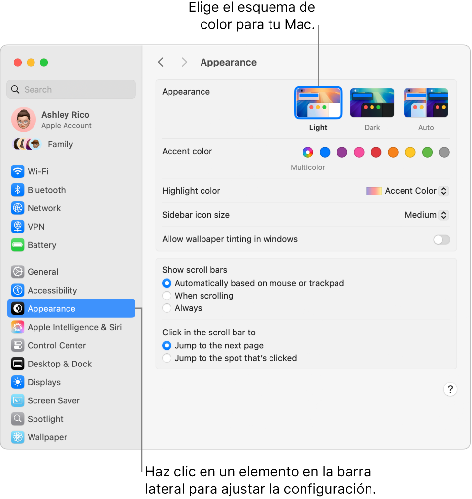 La ventana Aspecto en Configuración del Sistema.
