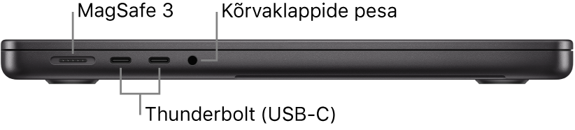14-tollise MacBook Pro vasaku külje vaade väljaviikudega MagSafe 3-pordile, kahele Thunderbolt 4 (USB-C) pordile ning kõrvaklappide pesale.