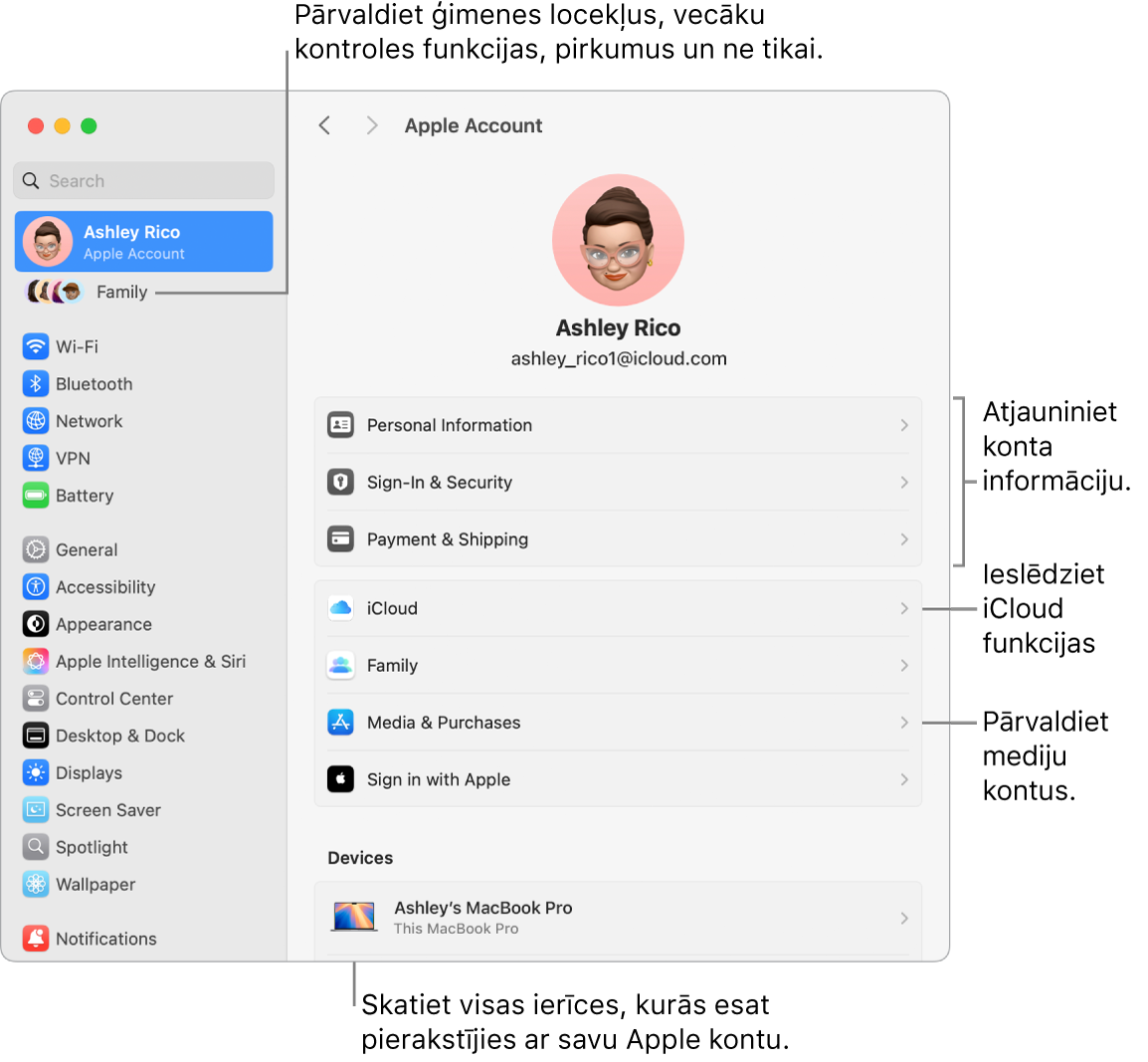 Apple konta iestatījumi izvēlnē System Settings ar remarkām, lai atjauninātu konta informāciju, ieslēgtu vai izslēgtu iCloud funkcijas, pārvaldītu mediju kontus un skatītu sadaļu Family, kur varat pārvaldīt ģimenes locekļus, vecāku kontroles funkcijas, pirkumus un ne tikai.