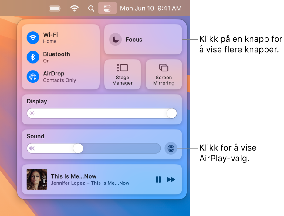 Nærbilde av Kontrollsenter på Mac, med bildeforklaring for Skjerm-knappen.