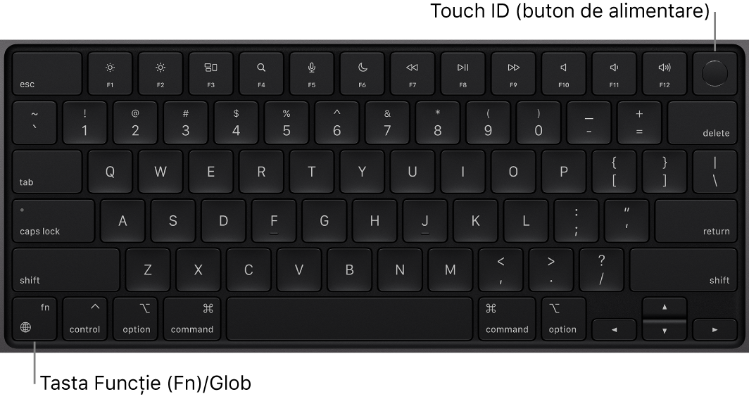 Tastatura MacBook Pro afișând rândul de taste funcționale și butonul de alimentare Touch ID în partea de sus și tasta Funcție (Fn)/Glob în colțul din stânga jos.