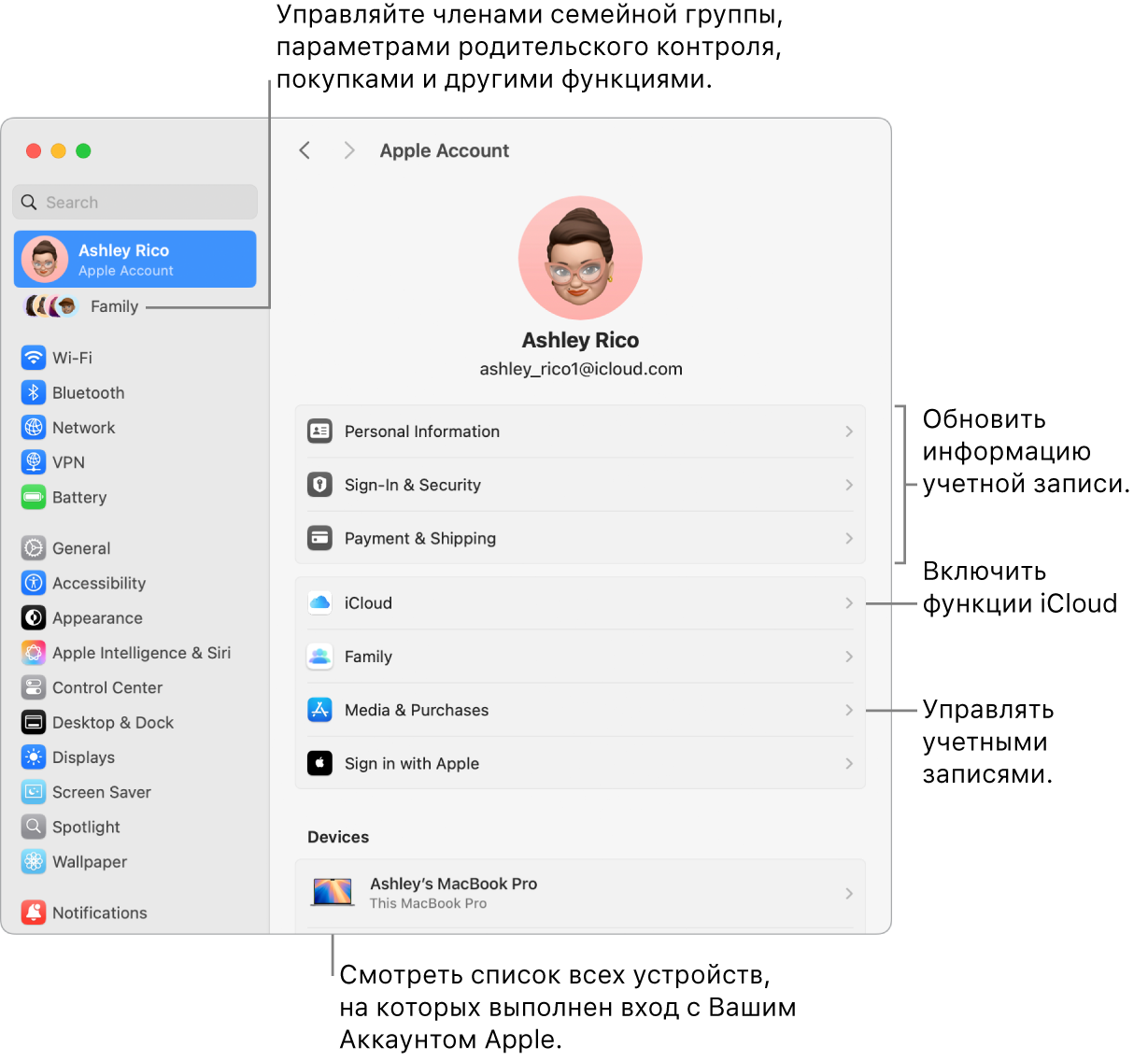 Настройки Аккаунта Apple в Системных настройках. Сносками показаны параметры обновления сведений учетной записи, включения или выключения функций iCloud и управления настройками учетных записей для мультимедиа. В настройках Семейного доступа показаны параметры управления устройствами членов семьи, родительским контролем, покупками и многим другим.