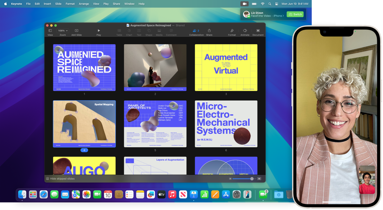 Keynote 視窗已開啟的 Mac 桌面,旁邊為 iPhone 上的 FaceTime 通話。Mac 右上角有個可將 FaceTime 通話切換到 Mac 的按鈕。