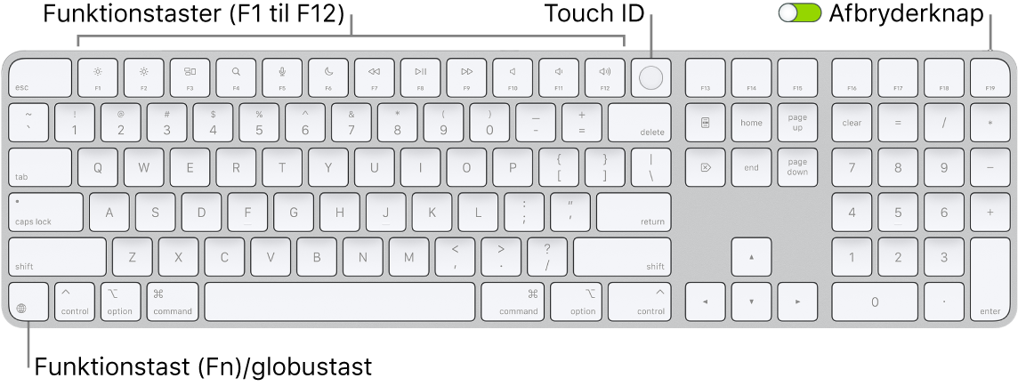Magic Keyboard med Touch ID og numerisk blok, som viser rækken med funktionstaster og Touch ID øverst samt Funktionstasten (Fn)/globustasten til højre for Slet-tasten.
