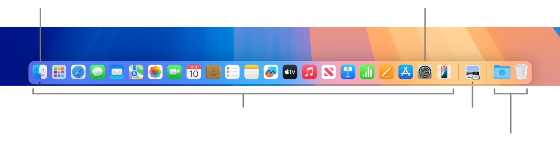 The Dock, showing the Finder, System Settings, and the divider in the Dock that separates apps from files and folders.