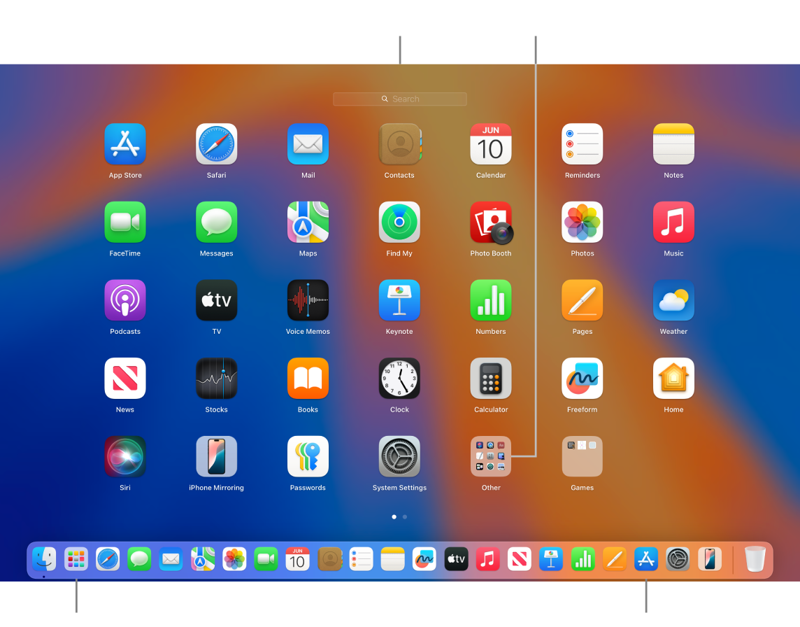 L’icône Launchpad dans le Dock et une fenêtre Launchpad ouverte affichant plusieurs apps organisées dans une grille sur l’écran d’un Mac.