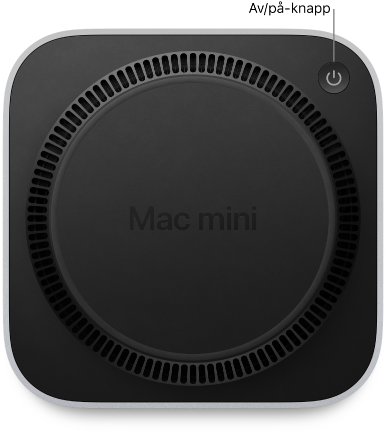 Baksiden av Mac mini viser Av/på-knappen.