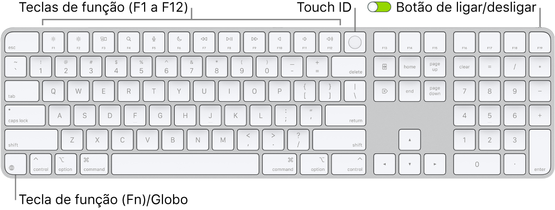Teclado Magic Keyboard com Touch ID e teclado numérico a mostrar a linha de teclas de função e Touch ID na parte superior, e a tecla de função (Fn)/Globo à direita da tecla Delete.