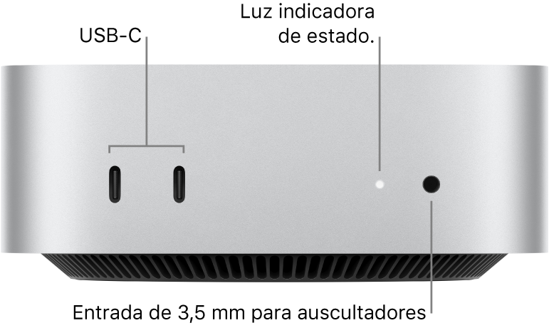 Vista frontal do Mac mini a mostrar duas portas USB‑C, a luz indicadora de estado e a entrada de 3,5 mm para auscultadores.