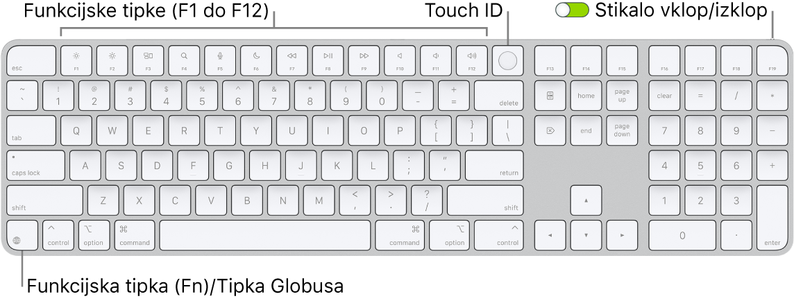 Tipkovnica Magic Keyboard s funkcijo Touch ID in numerično tipkovnico, ki prikazuje vrstico funkcijskih tipk in Touch ID-jem na vrhu, ter funkcijsko tipko (Fn)/globus desno od tipke Delete.