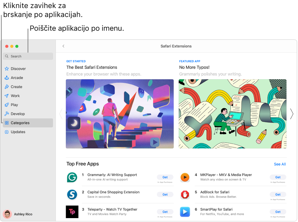 Okno trgovine App Store, v katerem sta prikazana iskalno polje in stran z razširitvami brskalnika Safari.