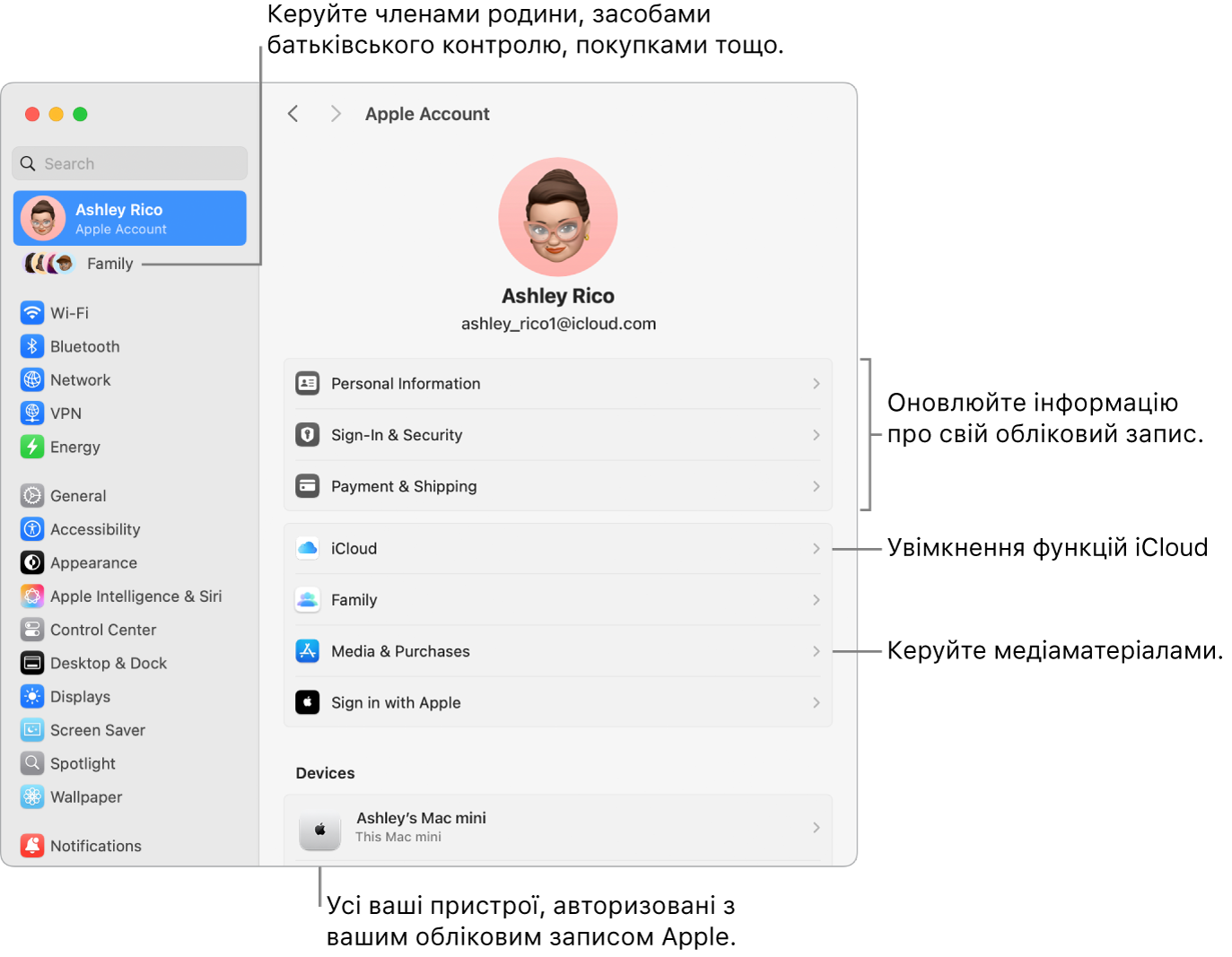 Параметри облікового запису Apple у Системних параметрах із виносками для оновлення інформації про обліковий запис, увімкнення та вимкнення функцій iCloud, керування обліковими записами в соцмережах, а також розділ «Родина», у якому можна керувати учасниками родини, батьківським контролем, покупками тощо.