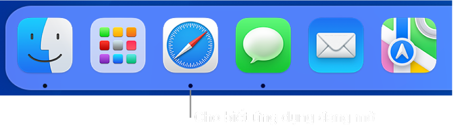 Một phần của Dock đang hiển thị các dấu chấm màu đen bên dưới các ứng dụng được mở.
