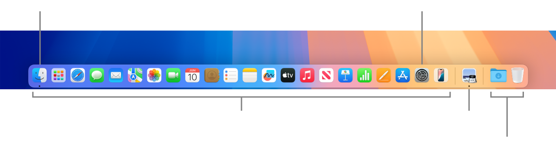 Dock, đang hiển thị Finder, Cài đặt hệ thống và thanh chia trên Dock phân tách các ứng dụng khỏi các tệp và thư mục.