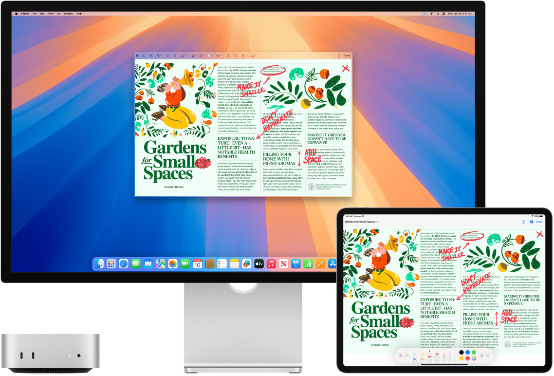 Mac mini 和 iPad 並排放置。兩個螢幕都顯示以手寫紅色編輯內容覆蓋的文章,例如劃掉的句子、箭頭和加入的單字。iPad 的螢幕底部也有標示控制項目。