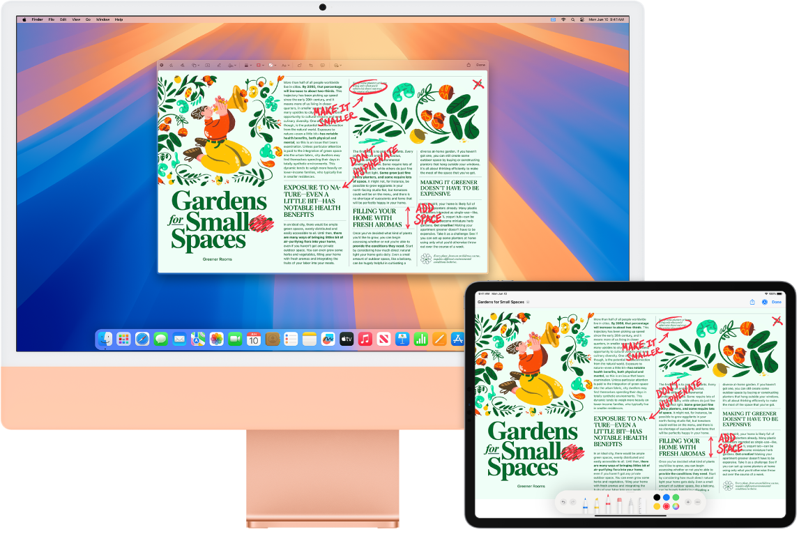 iMac a iPad vedle sebe. Na obou displejích je vidět článek s červeně vepsanými ručními korekturami, například přeškrtnutými větami, šipkami a vloženými slovy. U dolního okraje obrazovky iPadu se zobrazují také ovládací prvky pro anotace.