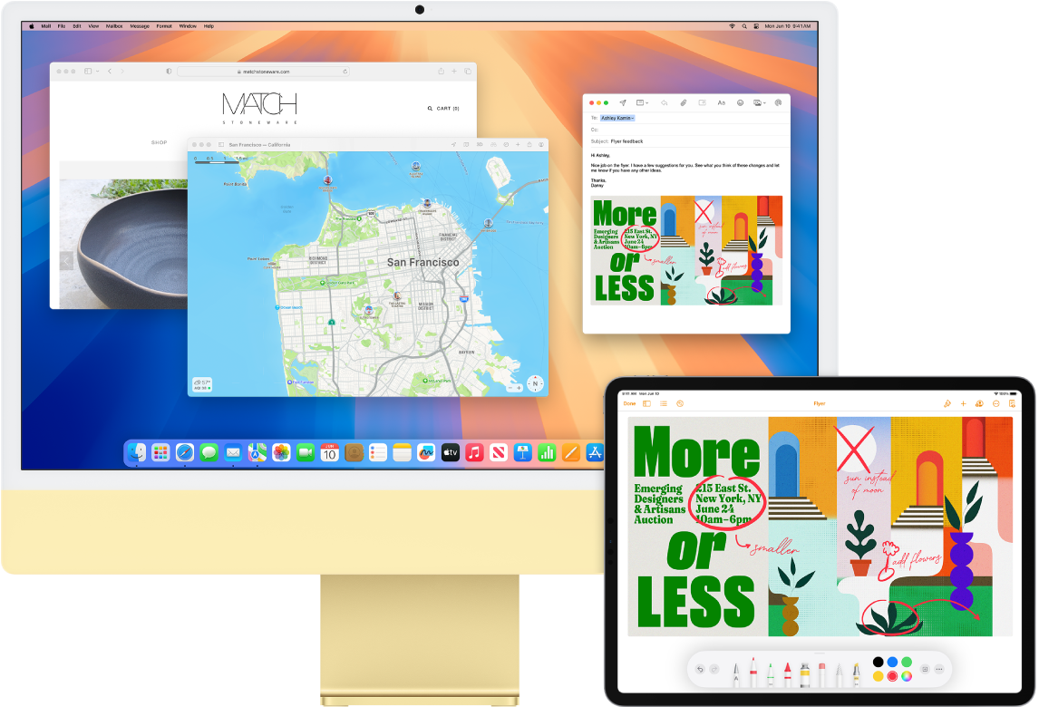 iMac a iPad vedle sebe. Na obrazovce iPadu je vidět leták s anotacemi. Na obrazovce iMacu je vidět zpráva v Mailu, obsahující jako přílohu anotovaný leták z iPadu.