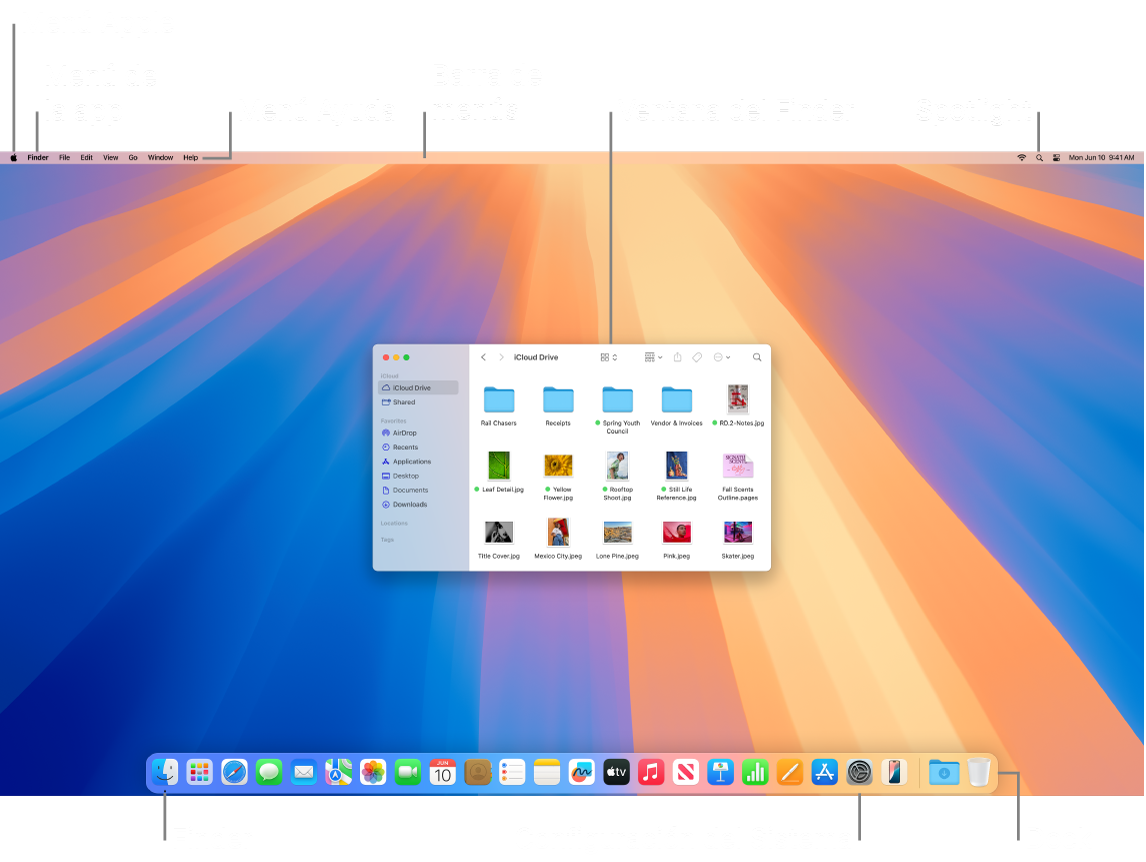 La pantalla de una Mac mostrando el menú Apple, el menú App, el menú Ayuda, la barra de menús, una ventana del Finder, el ícono de Spotlight, el ícono del Finder, el ícono de Configuración del Sistema y el Dock.