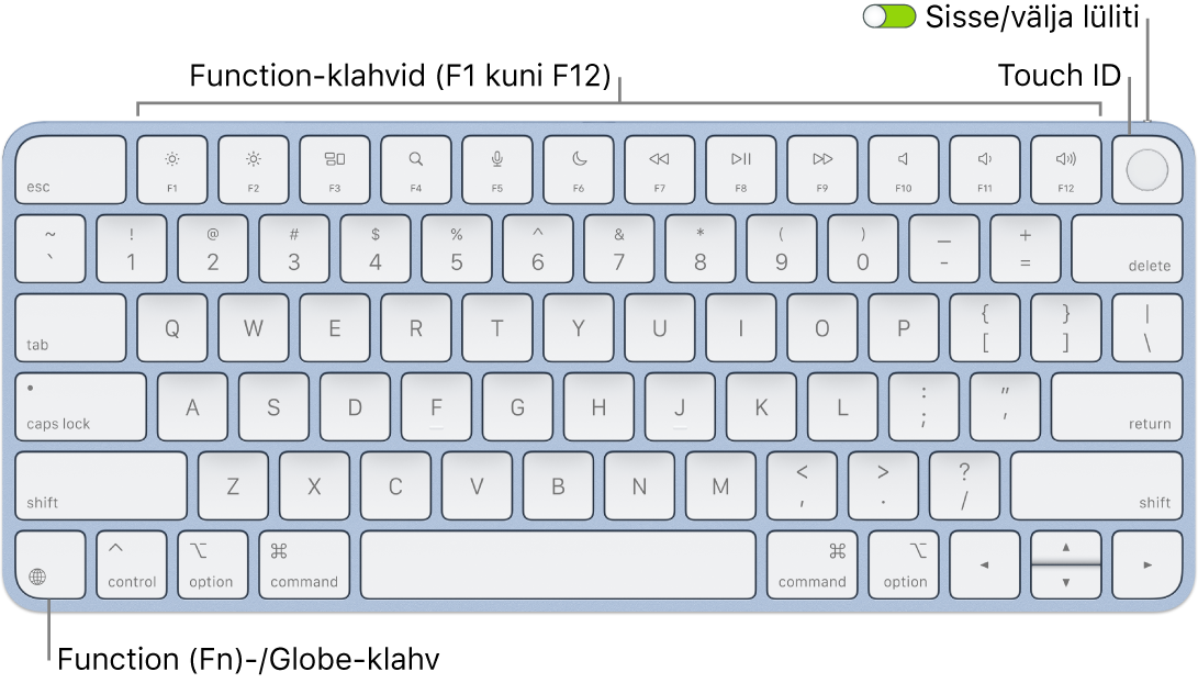 Touch ID-ga Magic Keyboard, mille ülaosas on funktsiooniklahvide rida, ülaosas Touch ID ning alumises vasakus nurgas klahv Function (Fn)/Globe.