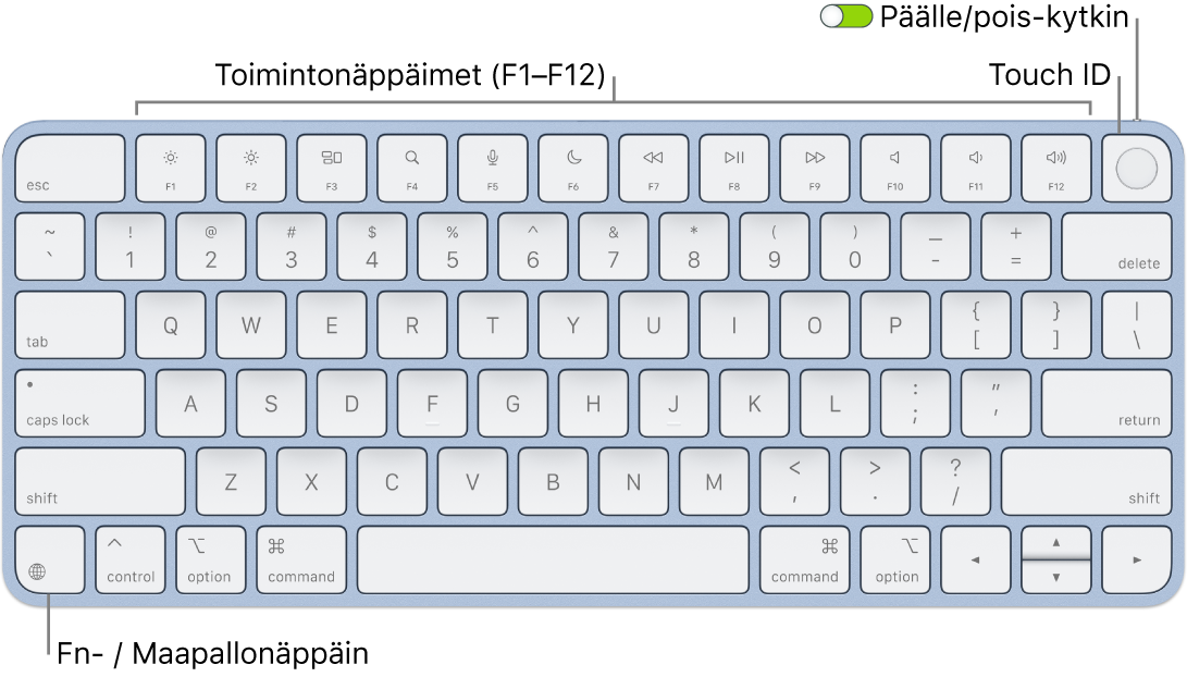 Touch ID:llä varustettu Magic Keyboard, jossa on rivi toimintonäppäimiä ja Touch ID yläreunassa sekä fn-/maapallonäppäin vasemmassa alakulmassa.