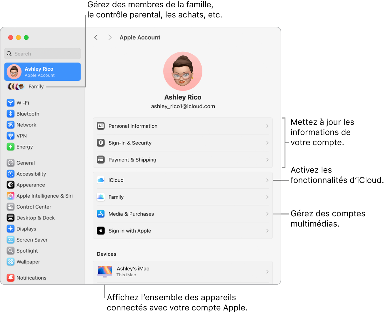 Réglages du compte Apple dans « Réglages Système » avec des légendes pour la mise à jour des informations du compte, l’activation ou la désactivation des fonctionnalités iCloud, la gestion des comptes multimédias, et Famille, où vous pouvez gérer les membres de votre famille, le contrôle parental, les achats, et plus encore.