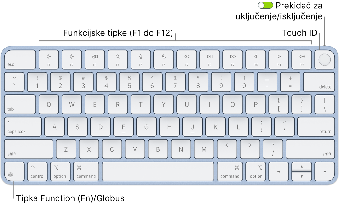 Magic Keyboard s Touch ID-jem na kojem se vidi red funkcijskih tipki i Touch ID na vrhu i tipka Funkcija (Fn)/Globus u donjem lijevom kutu.