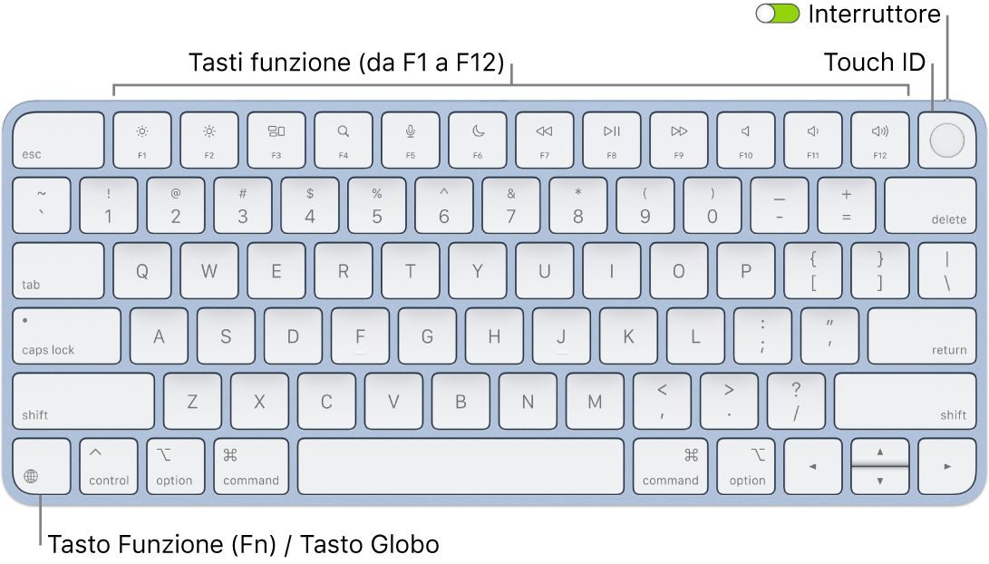 La tastiera Magic Keyboard con Touch ID che mostra i tasti funzione e Touch ID in alto e il tasto Funzione (Fn)/Globo nell'angolo in basso a sinistra.