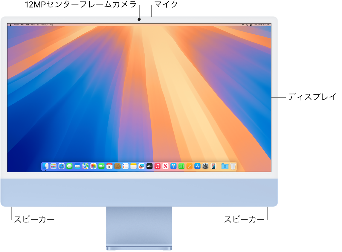 iMacの前面図。ディスプレイ、カメラ、マイク、スピーカーが示されています。