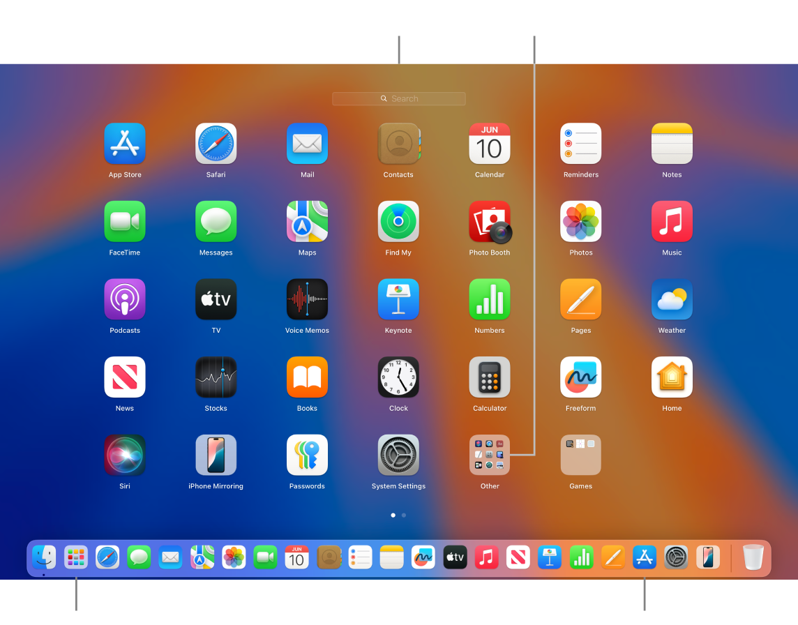 Dock의 Launchpad 아이콘 및 Mac 화면에 격자로 정렬된 다양한 앱을 표시하는 열려 있는 Launchpad 윈도우.