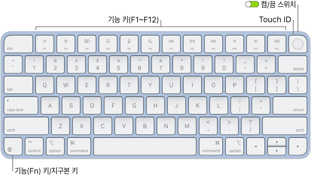 상단에 있는 기능 키와 Touch ID 및 키보드의 왼쪽 하단 모서리에 있는 Fn(Function)/지구본 키를 보여주는 Touch ID가 있는 Magic Keyboard.