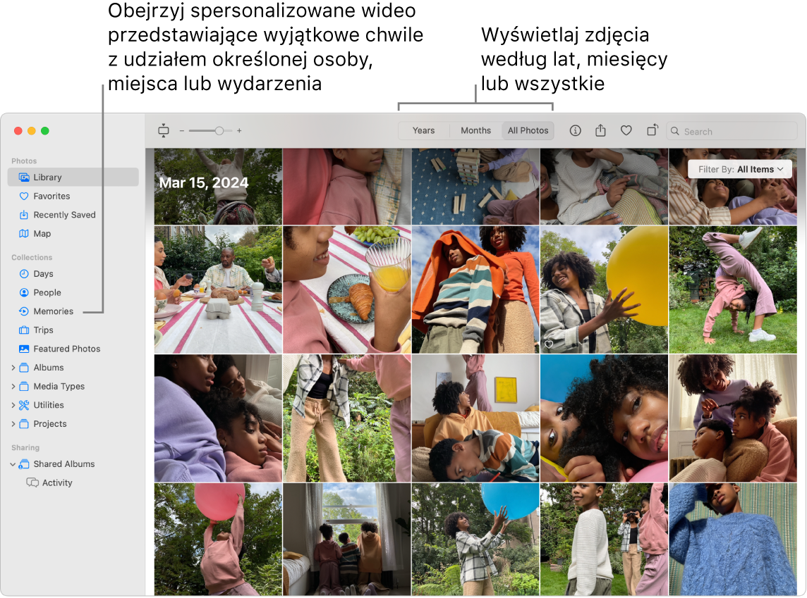 Okno aplikacji Zdjęcia z widoczną etykietą Wspomnienia na pasku bocznym po lewej. Na górze okna aplikacji Zdjęcia znajduje się menu podręczne umożliwiające przeglądanie zdjęć w albumie według dni, miesięcy i lat.
