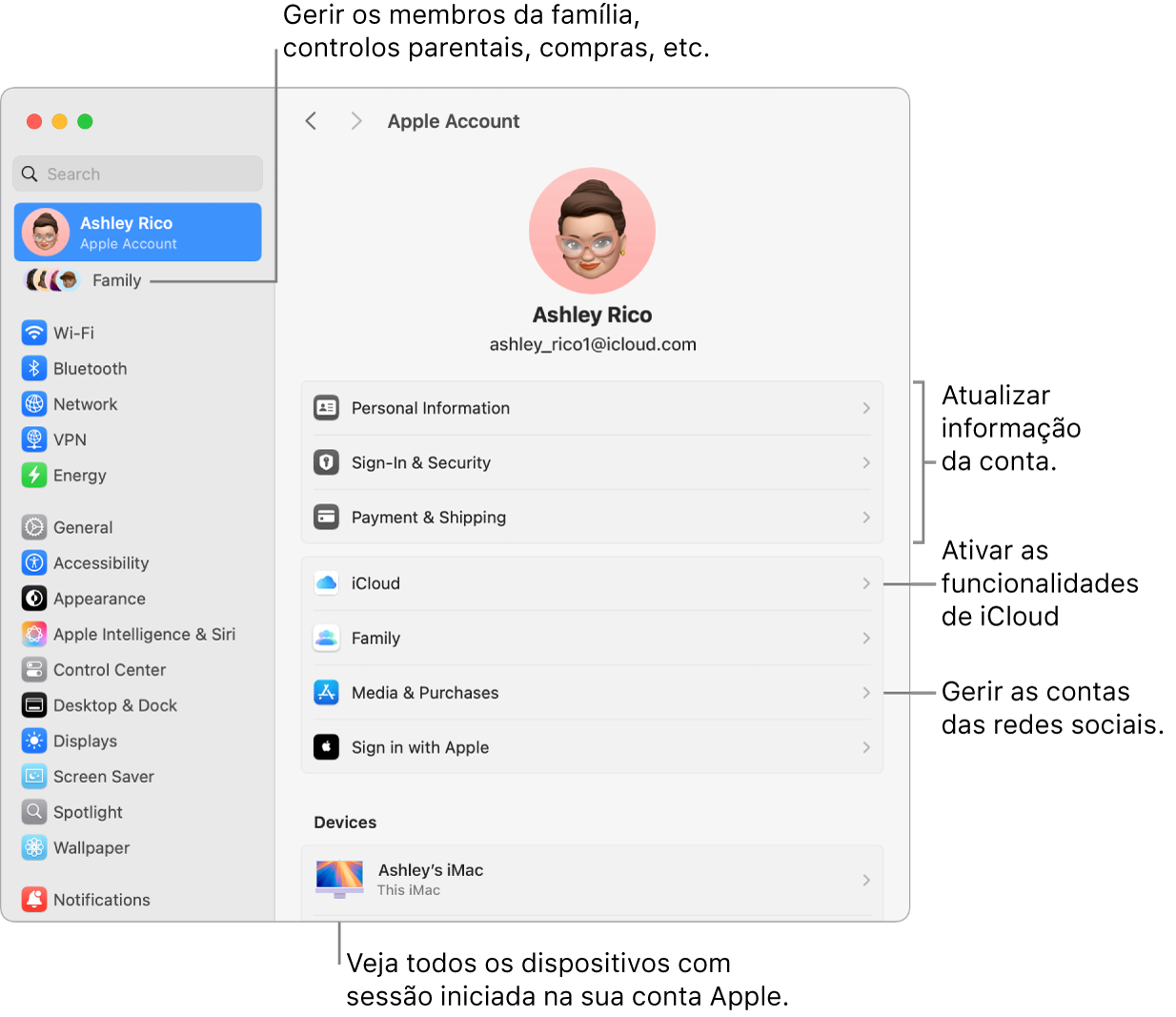 As definições da conta Apple nas Definições do Sistema, com chamadas para atualizar a informação da conta, ativar ou desativar funcionalidades de iCloud, gerir contas de conteúdo multimédia e Família, onde pode gerir os membros da família, controlos parentais, compras, etc.