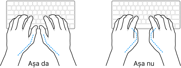 Mâini poziționate deasupra unei tastaturi, indicând alinierea corectă și incorectă a degetelor mari.