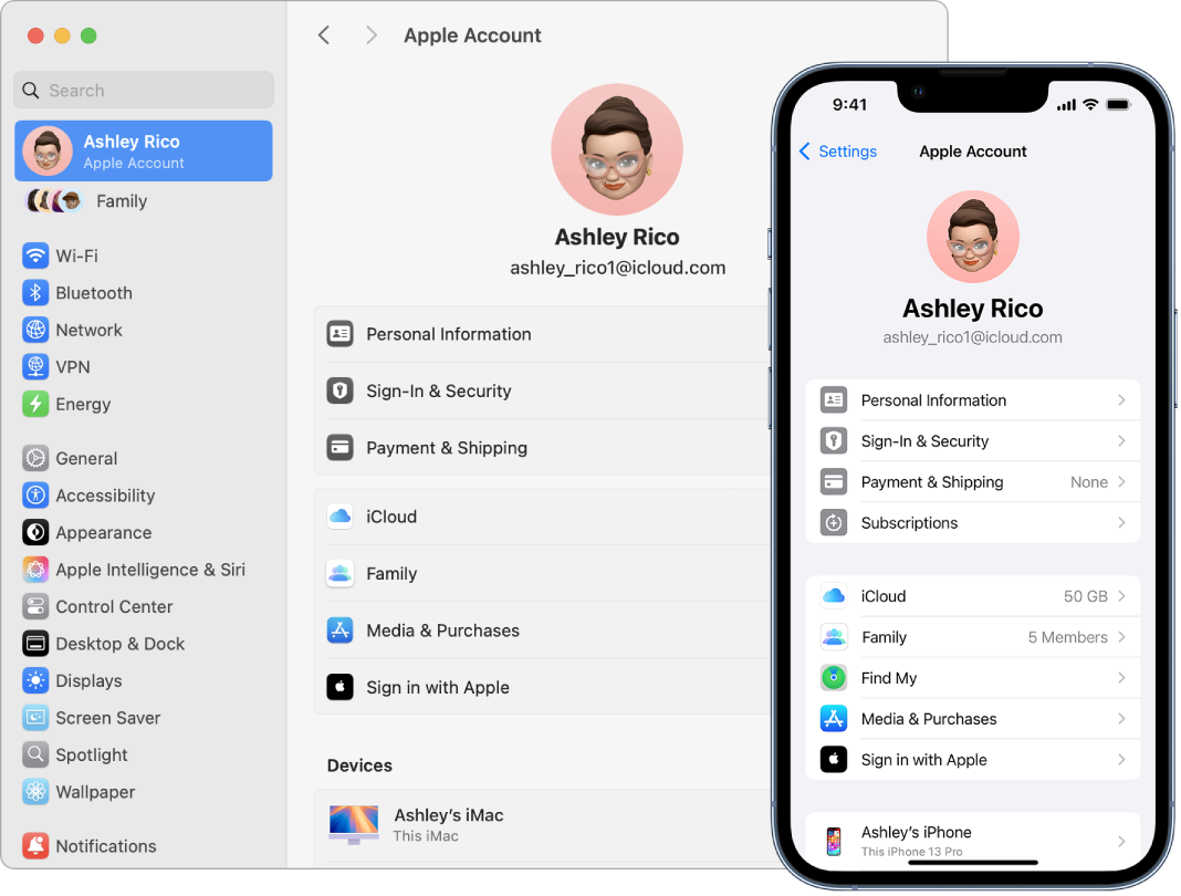 Configurările iCloud pe un iPhone și pe Mac.