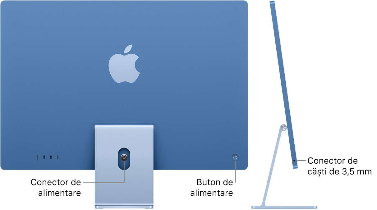 Vedere din spate a iMac‑ului prezentând conectorul de alimentare și butonul de alimentare. Alături este o vedere din lateral, prezentând mufa jack pentru căști audio.
