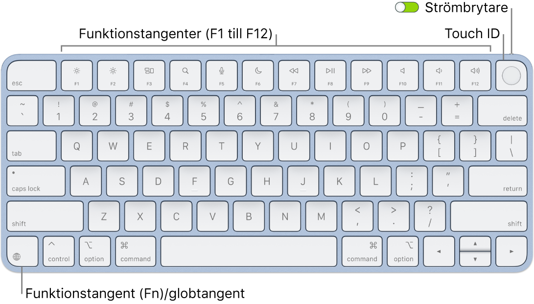 Magic Keyboard med Touch ID där raden med funktionstangenter och Touch ID visas längs överkanten och funktions (Fn)-/globtangenten i det nedre vänstra hörnet.
