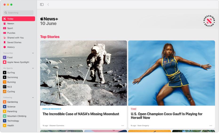 The Apple News window with the sidebar on the left and Top Stories on the right.