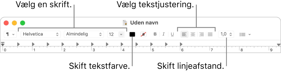 TextEdit-værktøjslinjen til et RTF-dokument med indstillinger til skrift- og tekstjustering og afstand.