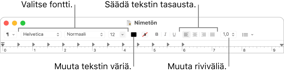 TeXturin työkalupalkki RTF-dokumentille, jossa näkyvät fontin, tekstin tasauksen ja rivivälin säätimet.