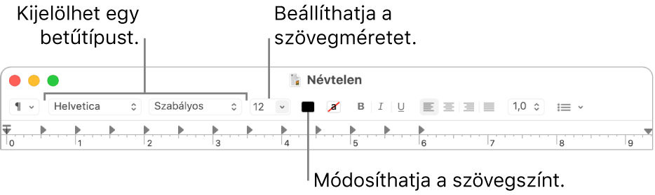 A Szövegszerkesztő eszközsora a szövegméret, a szín és a betűtípus beállítására vonatkozó beállításokkal.