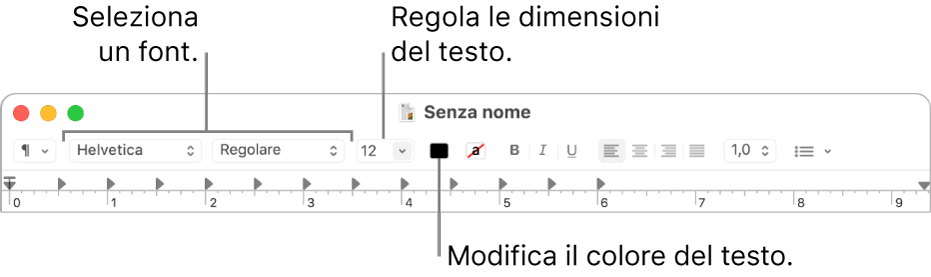 La barra strumenti di TextEdit che mostra le opzioni che regolano la dimensione, il colore e il font del testo.