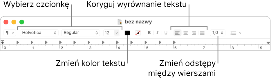 Pasek narzędzi TextEdit w oknie dokumentu tekstowego formatowanego zawierający narzędzia do wybierania czcionki, wyrównania tekstu oraz odstępów.