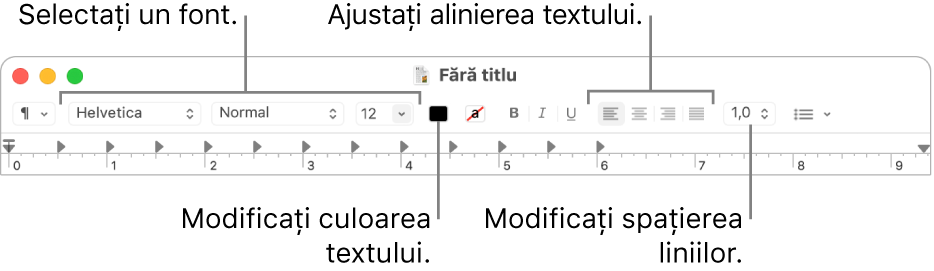 Bara de instrumente TextEdit aferentă documentelor cu text îmbogățit, afișând comenzile pentru alinierea și spațierea textului și pentru font.