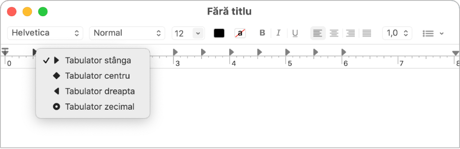 Riglă afișând opțiunile stopurilor de tabulare.