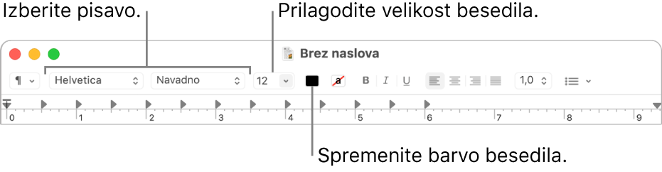 Orodna vrstica urejevalnika TextEdit, ki prikazuje možnosti, s katerimi je mogoče prilagoditi velikost, barvo in pisavo besedila.