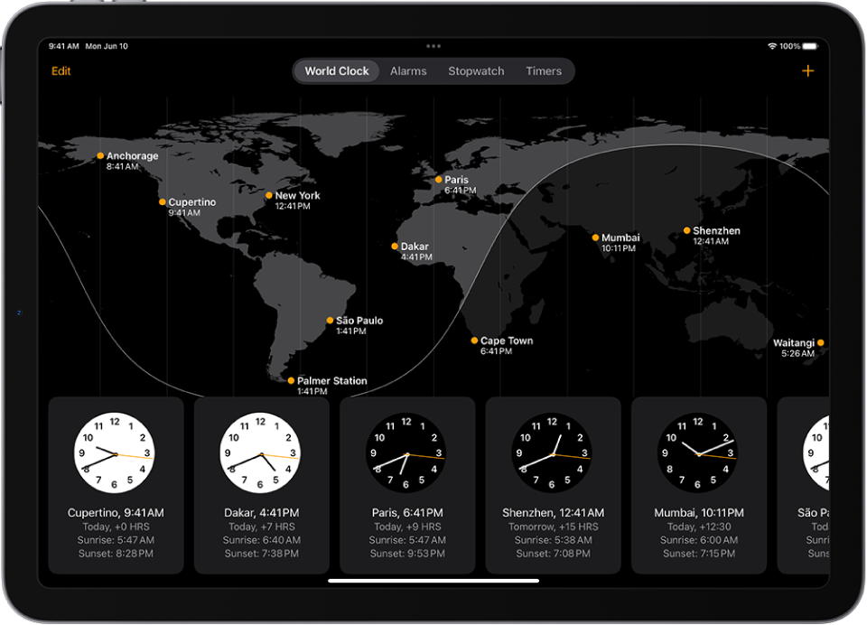 The World Clock tab, showing the time in various cities. The Edit button near the upper-left corner lets you reorder or delete clocks. The Add button near the upper-right corner lets you add more clocks. World Clock, Alarm, Stopwatch, and Timers buttons are along the bottom.